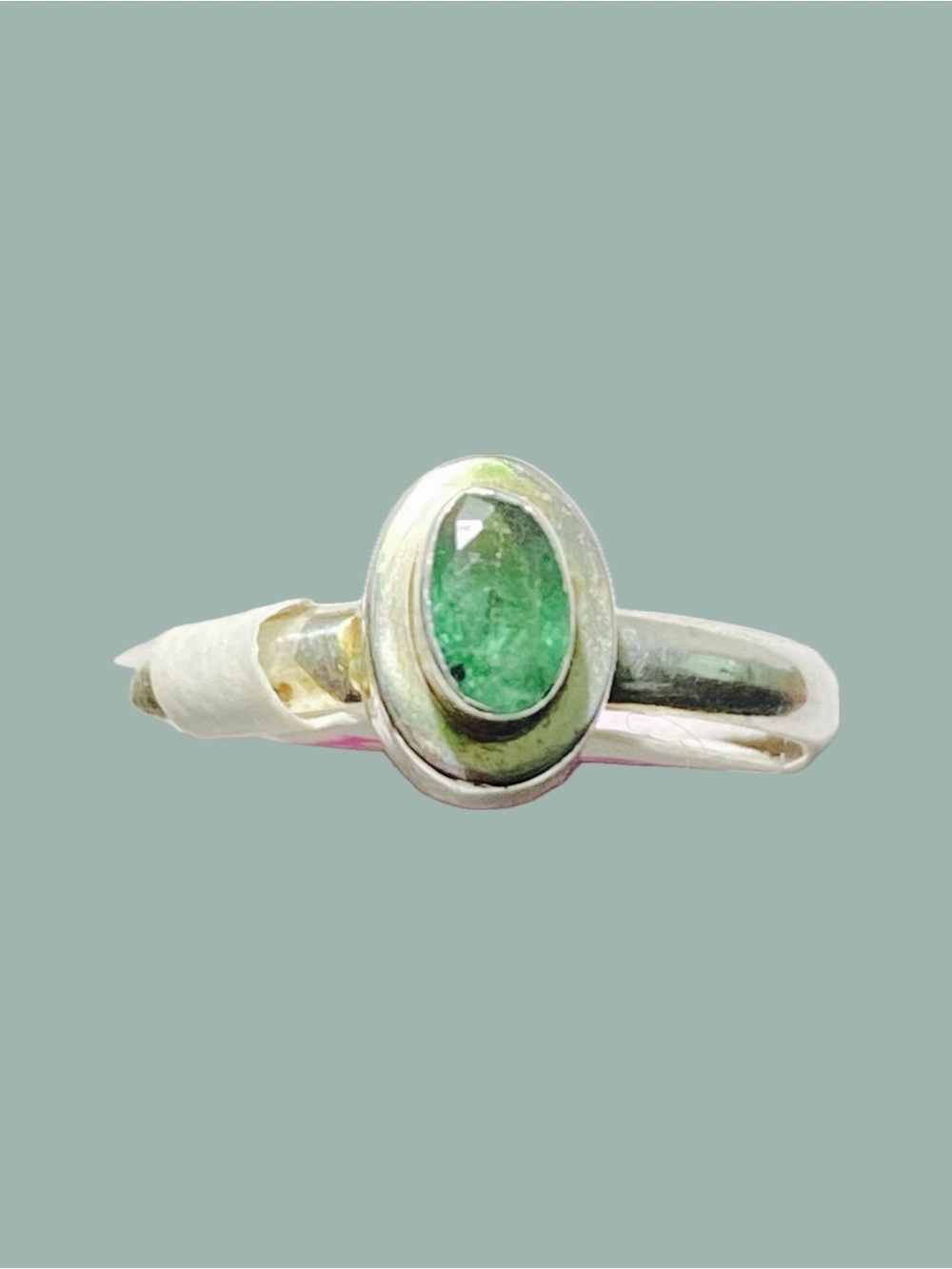 VTG NWT 925 Sterling Silver Green Emerald Oval Bezel Ring Sz 6.25 7.5